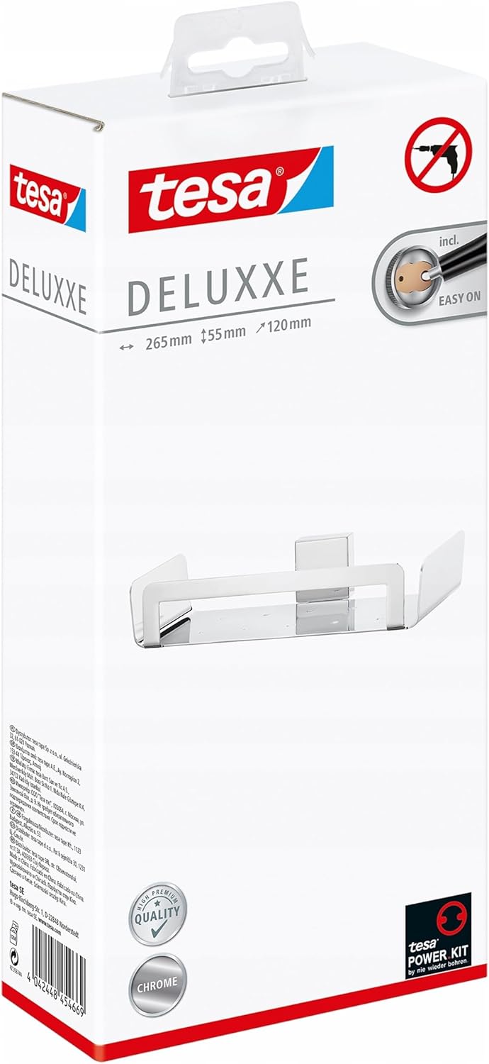 tesa DELUXXE Duschablage, verchromt - Duschkorb zur Wandbefestigung ohne Bohren, inkl. Klebelösung -