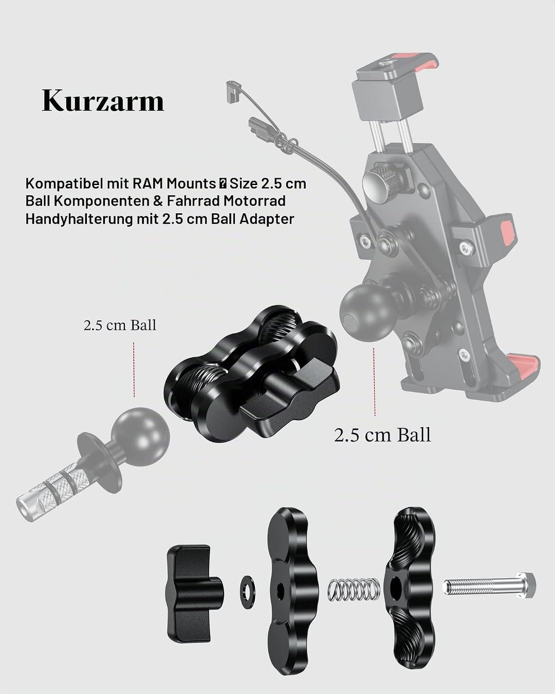 BRCOVAN Aluminiumlegierung Doppelsockelarm (Kurzer Arm) Kompatibel mit RAM Mounts B Grösse 1 Zoll Ku