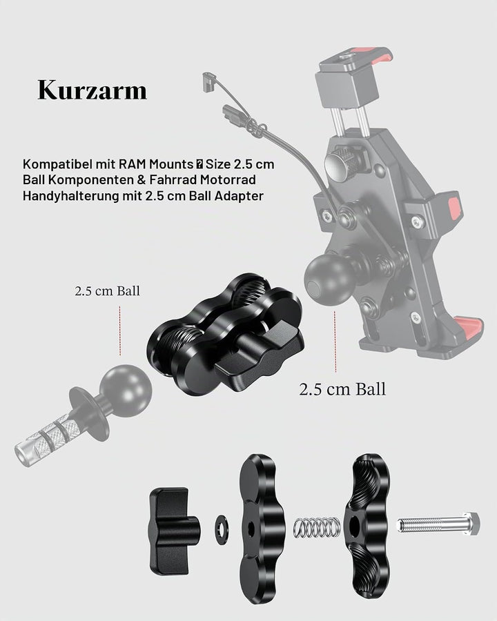 BRCOVAN Aluminiumlegierung Doppelsockelarm (Kurzer Arm) Kompatibel mit RAM Mounts B Grösse 1 Zoll Ku