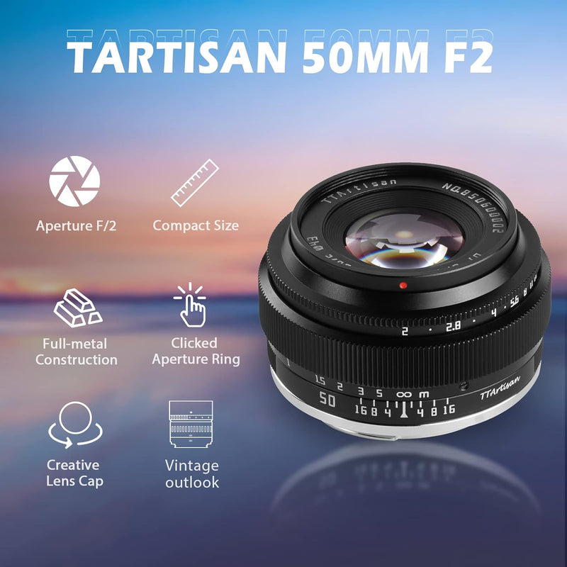 TTartisan 50mm F2 Objektiv mit manuellem Fokus, kompatibel mit Fuji X-Mount-Kameras X-E3 X-T30 X-100