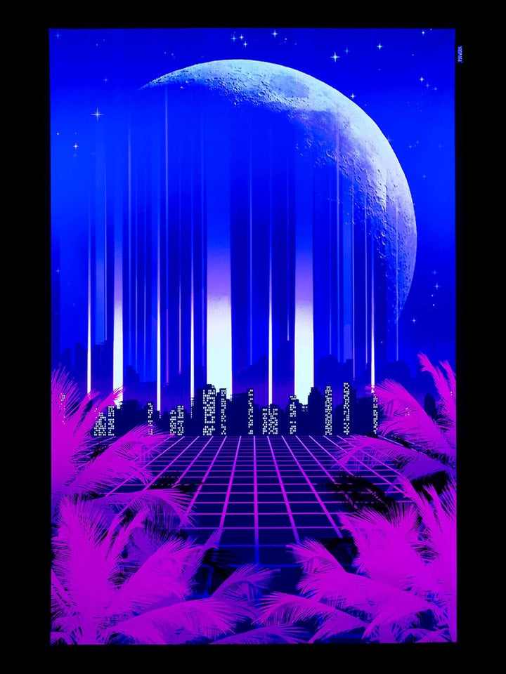 PSYWORK Schwarzlicht Stoffposter Neon | Vaporware 80 Skyline | 1,5 x 2,25m | UV-aktiv | fluoresziere