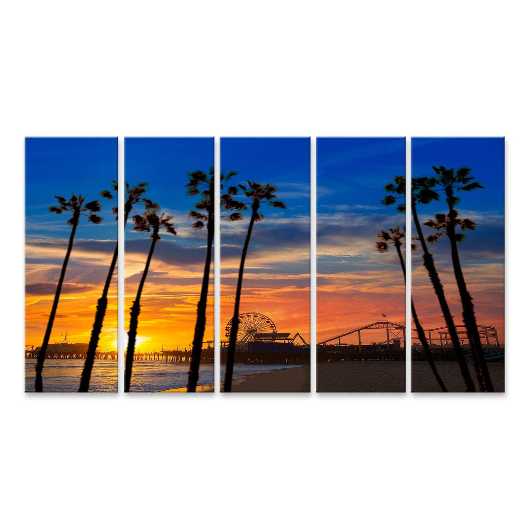 islandburner Bild auf Leinwand Santa Monica Kalifornien Sonnenuntergang Pier Fähren Rad Reflexion St