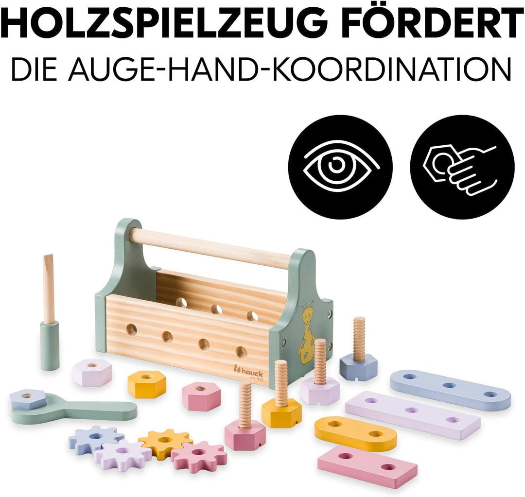 hauck Learn to Repair – Holz-Werkzeugkiste für Kinder ab 2 Jahren, Lernspielzeug zur Förderung von F