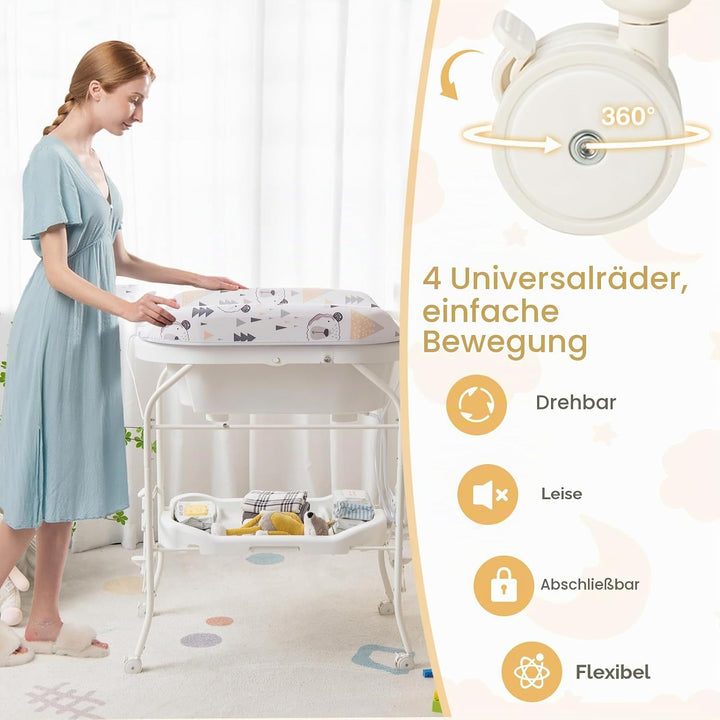 FANTASK 4 in 1 Wickeltisch mit Badewanne, mobile Babybadewanne mit Universalrädern, tragbare Wickelk