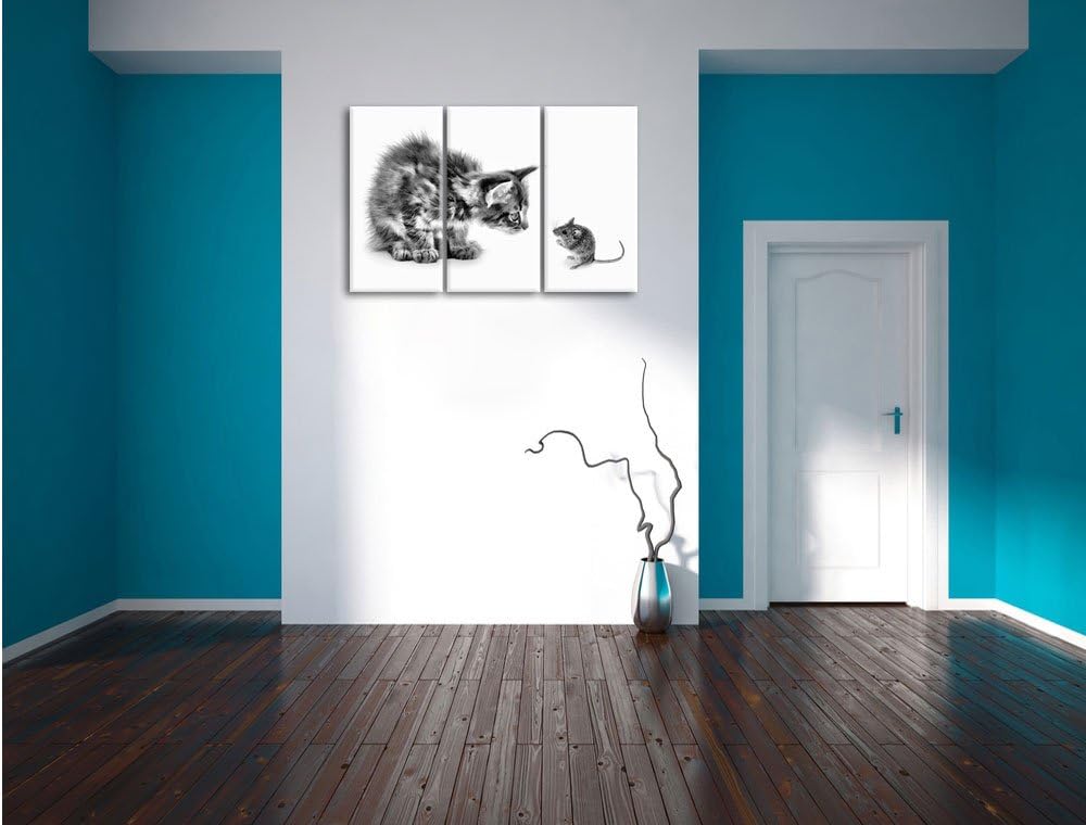 Pixxprint Katze und Maus Freunde als Leinwandbild/Grösse: 3 Teilig (120x80) cm/Wandbild/Kunstdruck/f
