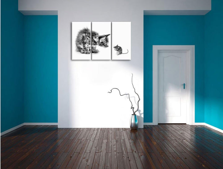 Pixxprint Katze und Maus Freunde als Leinwandbild/Grösse: 3 Teilig (120x80) cm/Wandbild/Kunstdruck/f