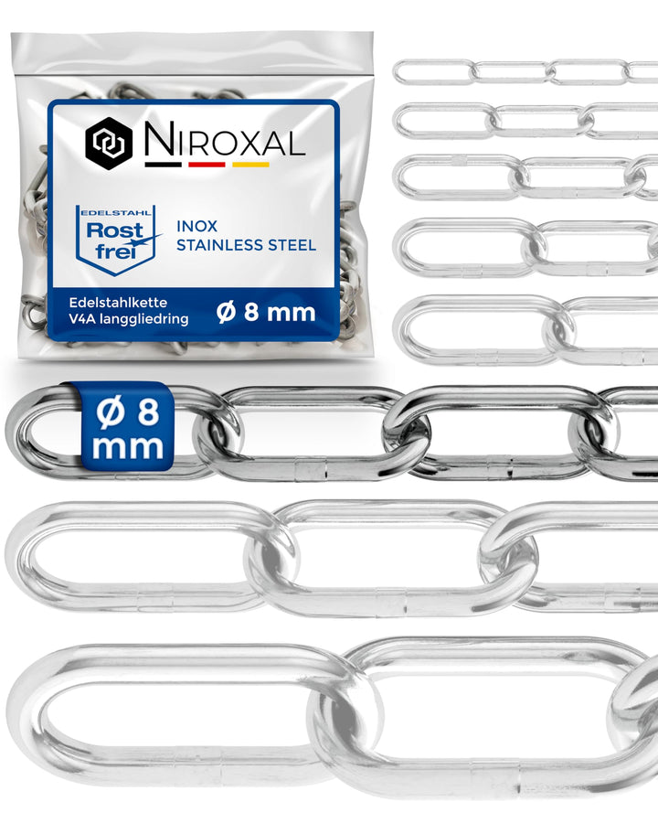 Edelstahlkette V4A A4 langgliedrig DIN 763 / DIN 5685 – 8 mm x 1 m – 2 Stück – für schwere Aufhängun