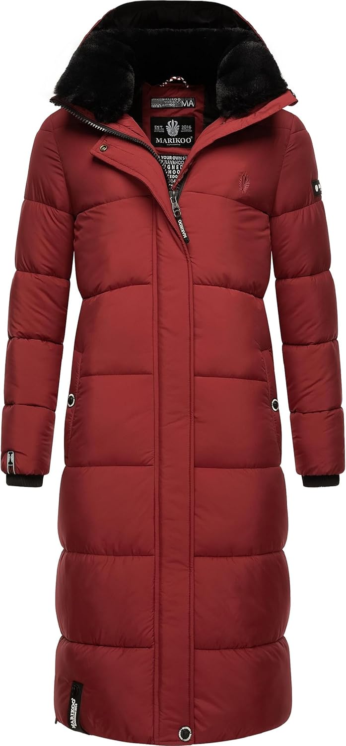 MARIKOO Damen Wintermantel warmer Steppmantel lang mit abnehmbarer Kapuze Reliziaa XS-XXL L Dark Red