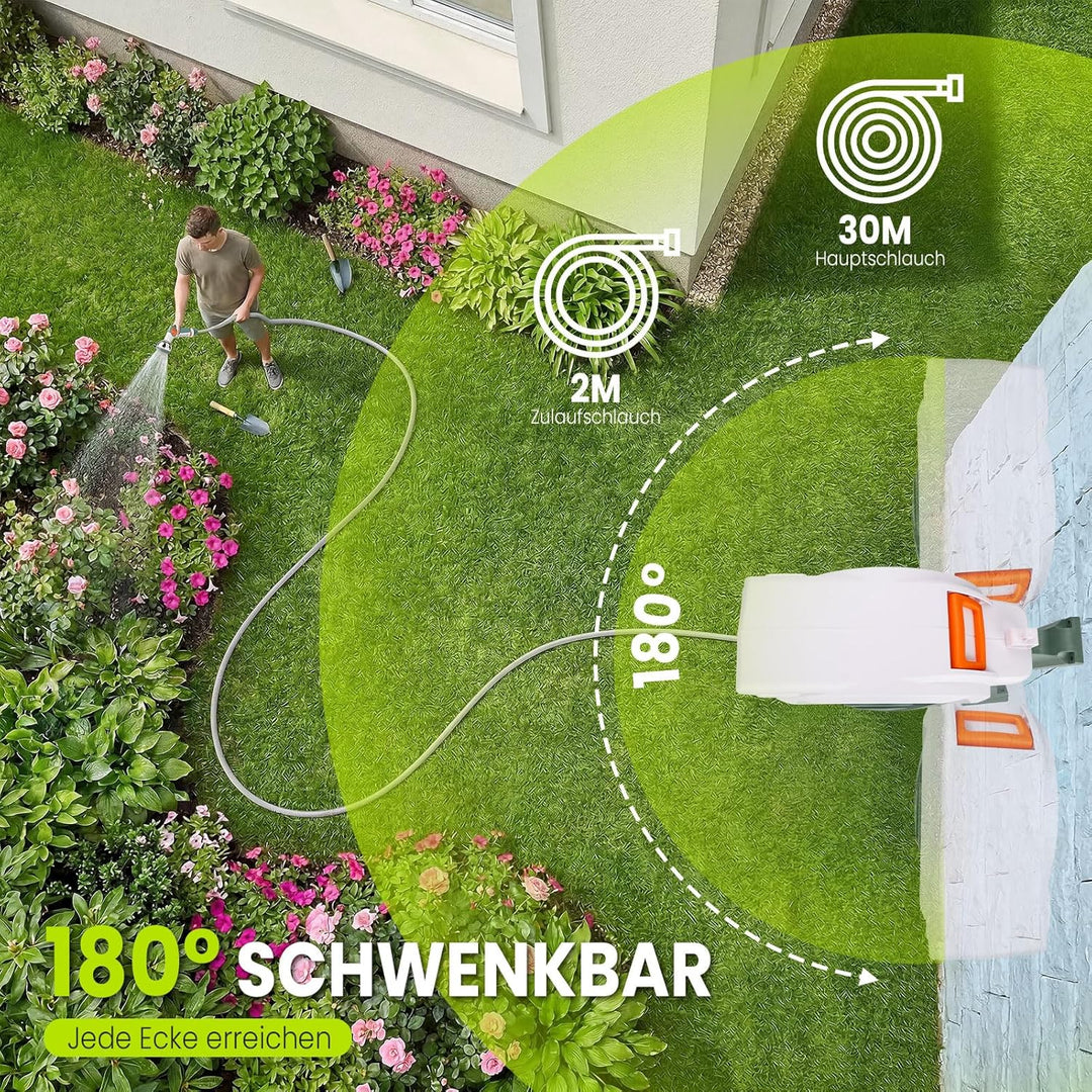 Schlauchtrommel Wasser 30m + 2m, 180° Schwenkbar Wand-Schlauchbox, Automatischer Gartenschlauch trom