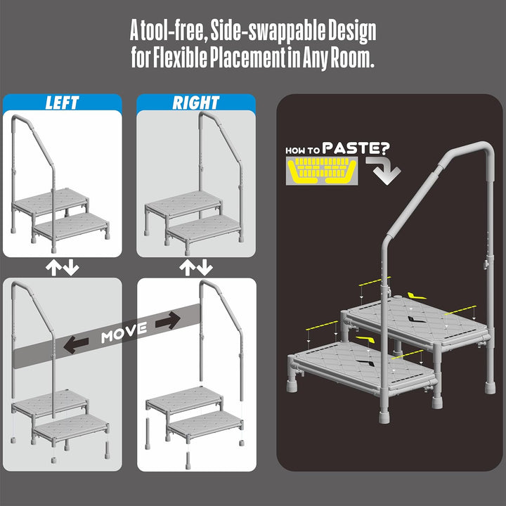Tritthocker 55cm Trittfläche–Armlehnen höhenverstellbar,bis 225 kg,Nachtleuchtstreifen,rutschfest–Fü