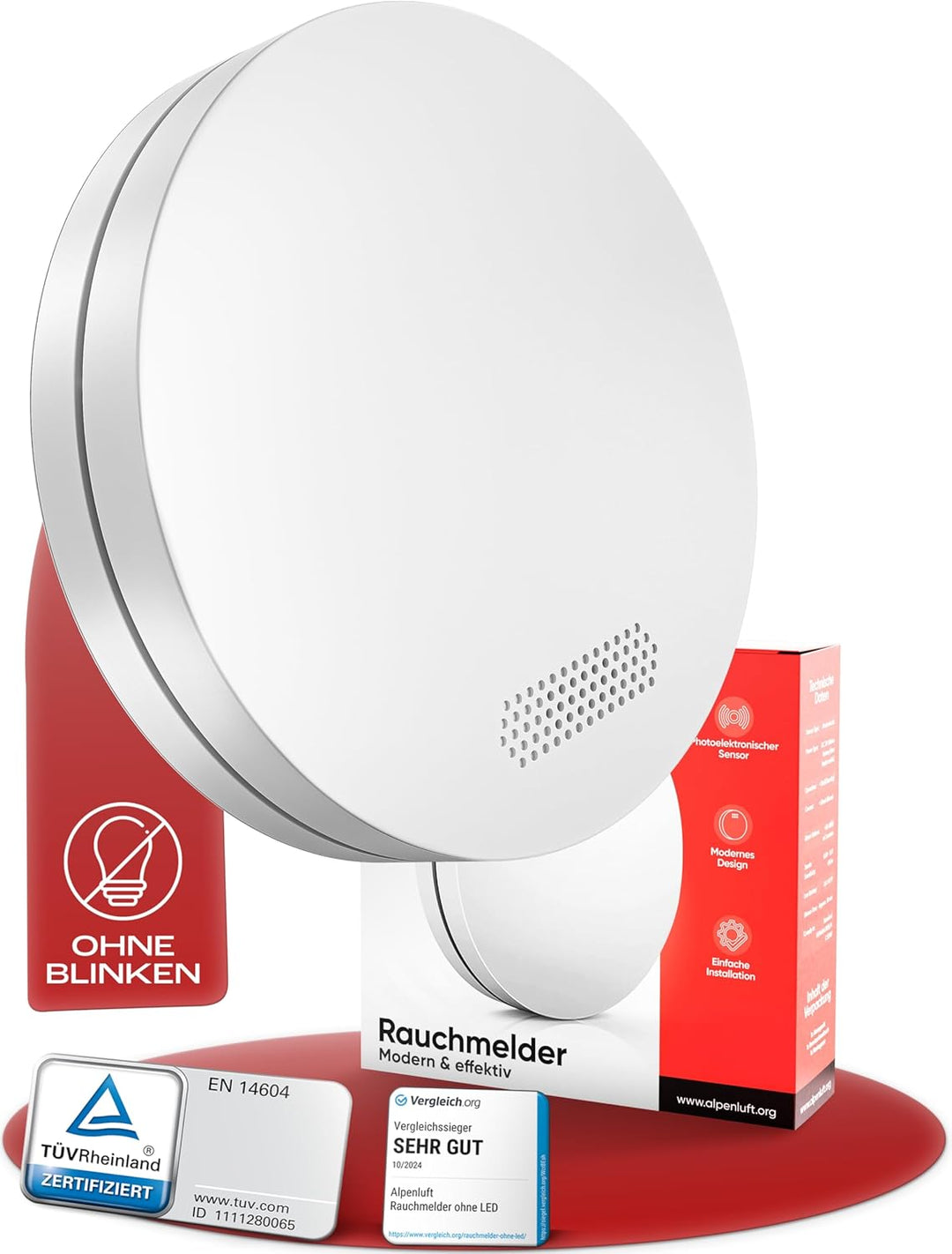 ALPENLUFT Rauchmelder 10 Jahre Batterie, Feuermelder Flach, Rauchwarnmelder, Brandmelder, | Ohne Boh
