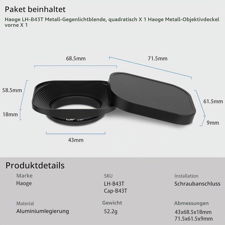 Haoge 43mm Metall Rechteckig Einschrauben Sonnenblende Gegenlichtblende mit Kappe für 43mm Canon Nik