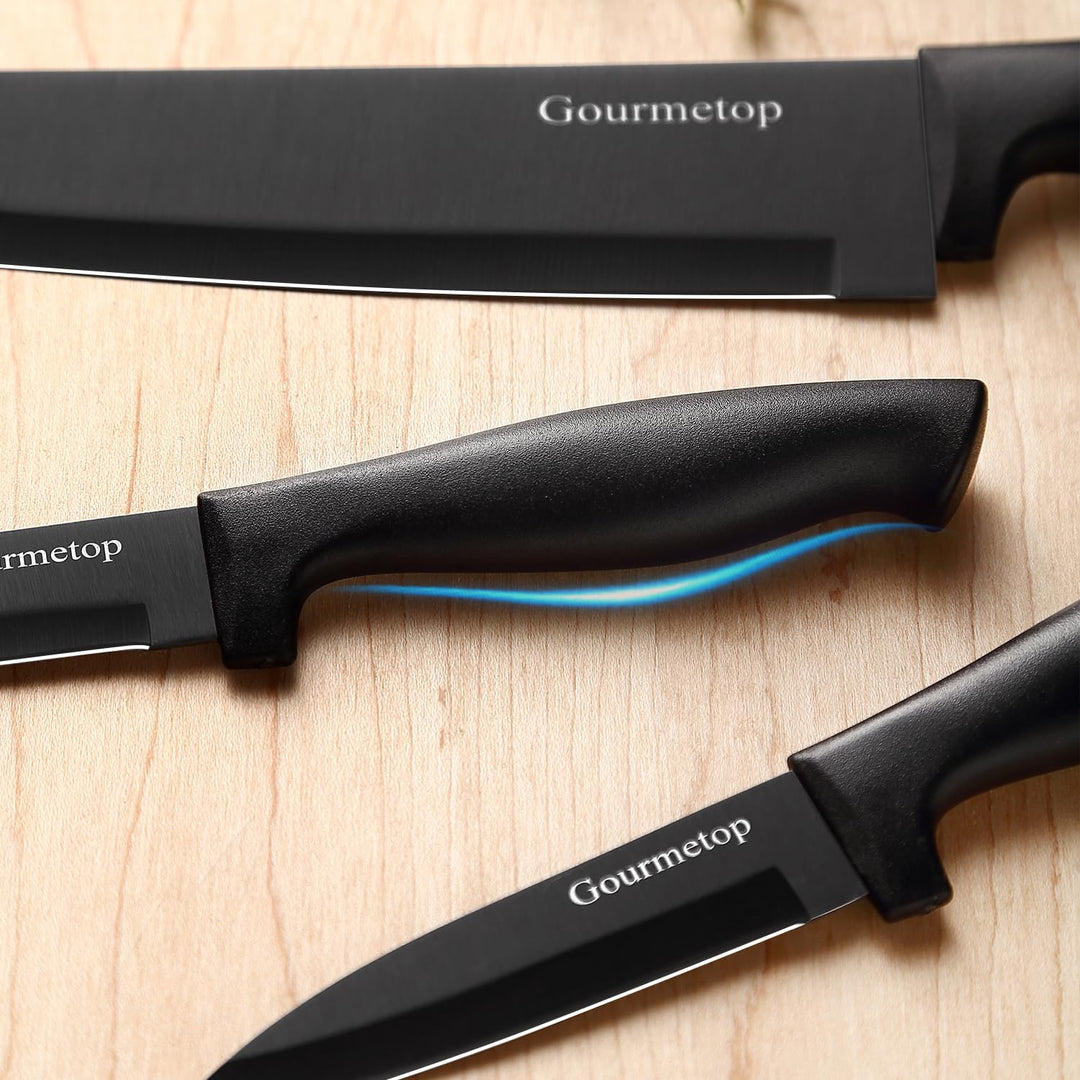 Gourmetop Kitchen Knife Set with No Drilling Magnetic Strip, Knives Set for Kitchen Black Cooking Kn