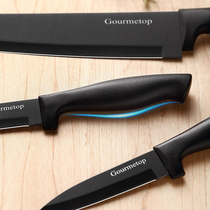 Gourmetop Kitchen Knife Set with No Drilling Magnetic Strip, Knives Set for Kitchen Black Cooking Kn