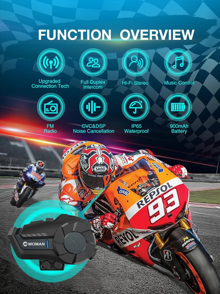 Moman Motorrad Intercom Headset, H2 Pro 【2 Pack Kohlefasern】 Motorradhelm Gegensprechanlage Kommunik