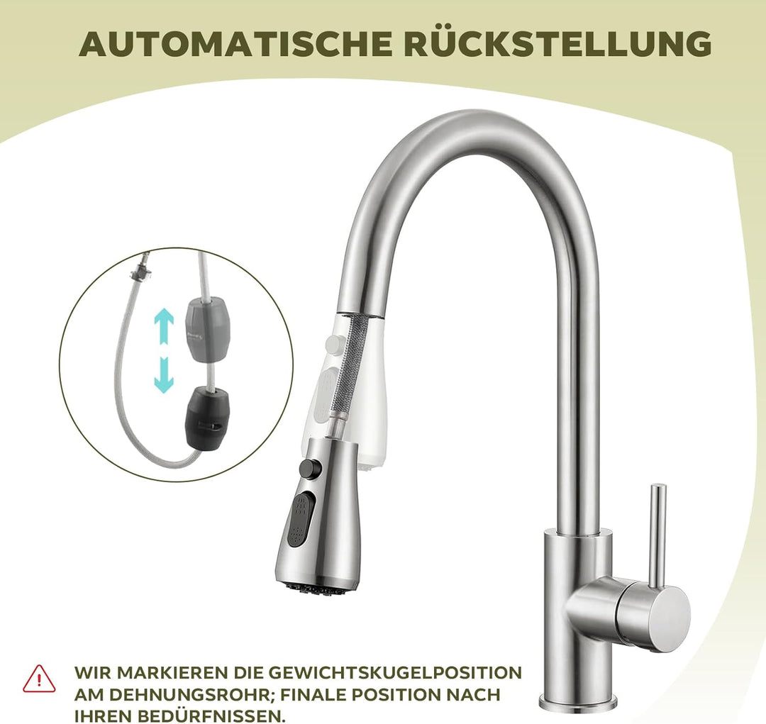 Küchenarmatur mit 3 Modi, Ausziehbare Spülbrause, 360° Schwenkbar, Edelstahl Hochdruck-Wasserhahn mi