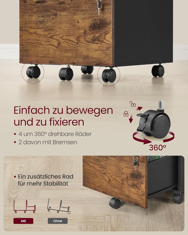 VASAGLE Rollcontainer, abschliessbar, Aktenschrank mit 2 Schubladen, 5 Rollen, verstellbare Hängesta