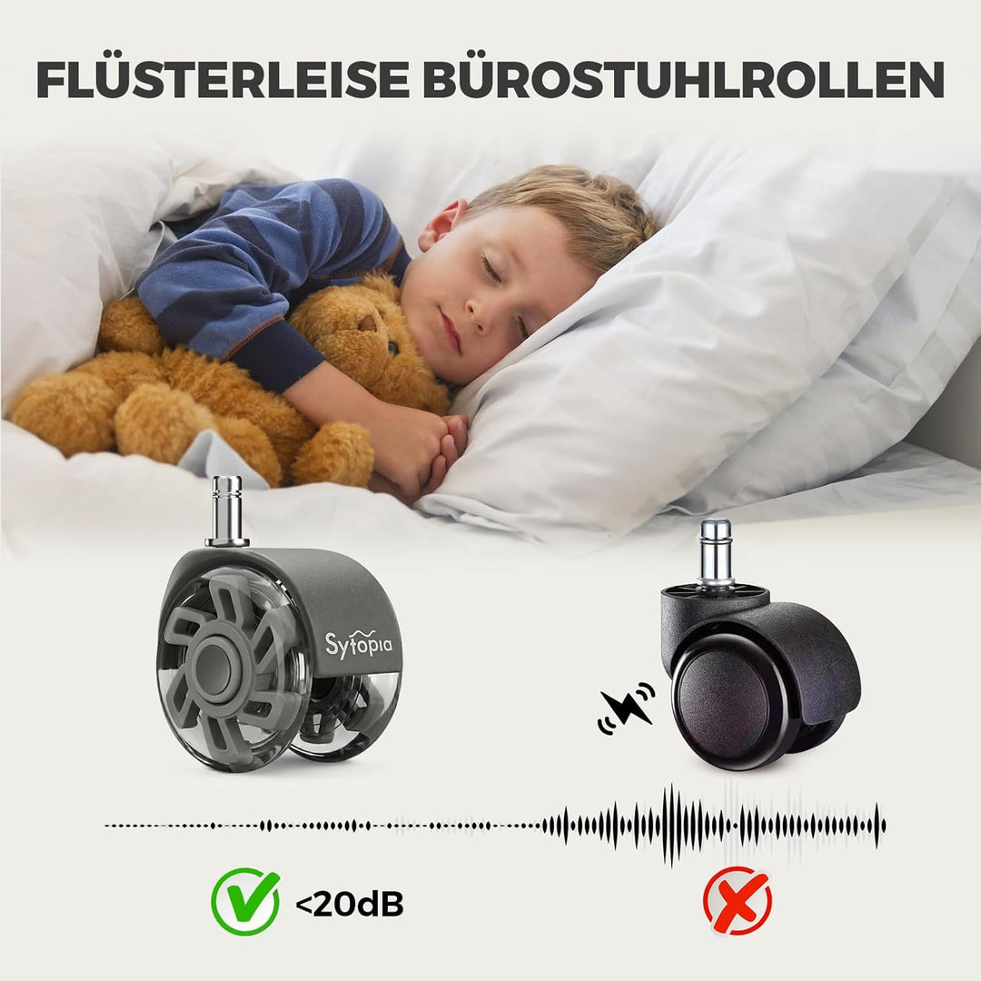 Sytopia Bürostuhl Rollen 70mm 5er Set, 11x22mm Rollen für Bürostühle, Hartboden, Parkett, Bodenschut