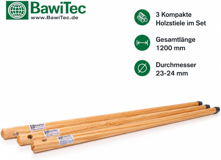 BawiTec 3 Stück Holzstiele Qualitäts Besenstiele Länge 120cm Ø 23mm Lackiert mit Aufhängeloch Standa