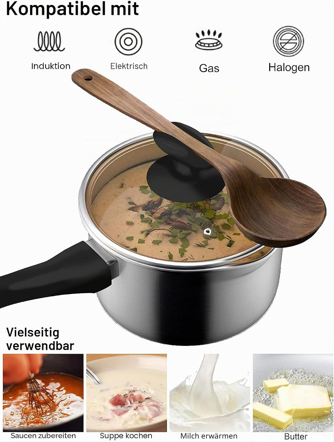 VENTION Edelstahl Stielkasserolle Induktion, Kochtopf Klein mit Deckel 18 cm, 2 Liter Stieltopf mit