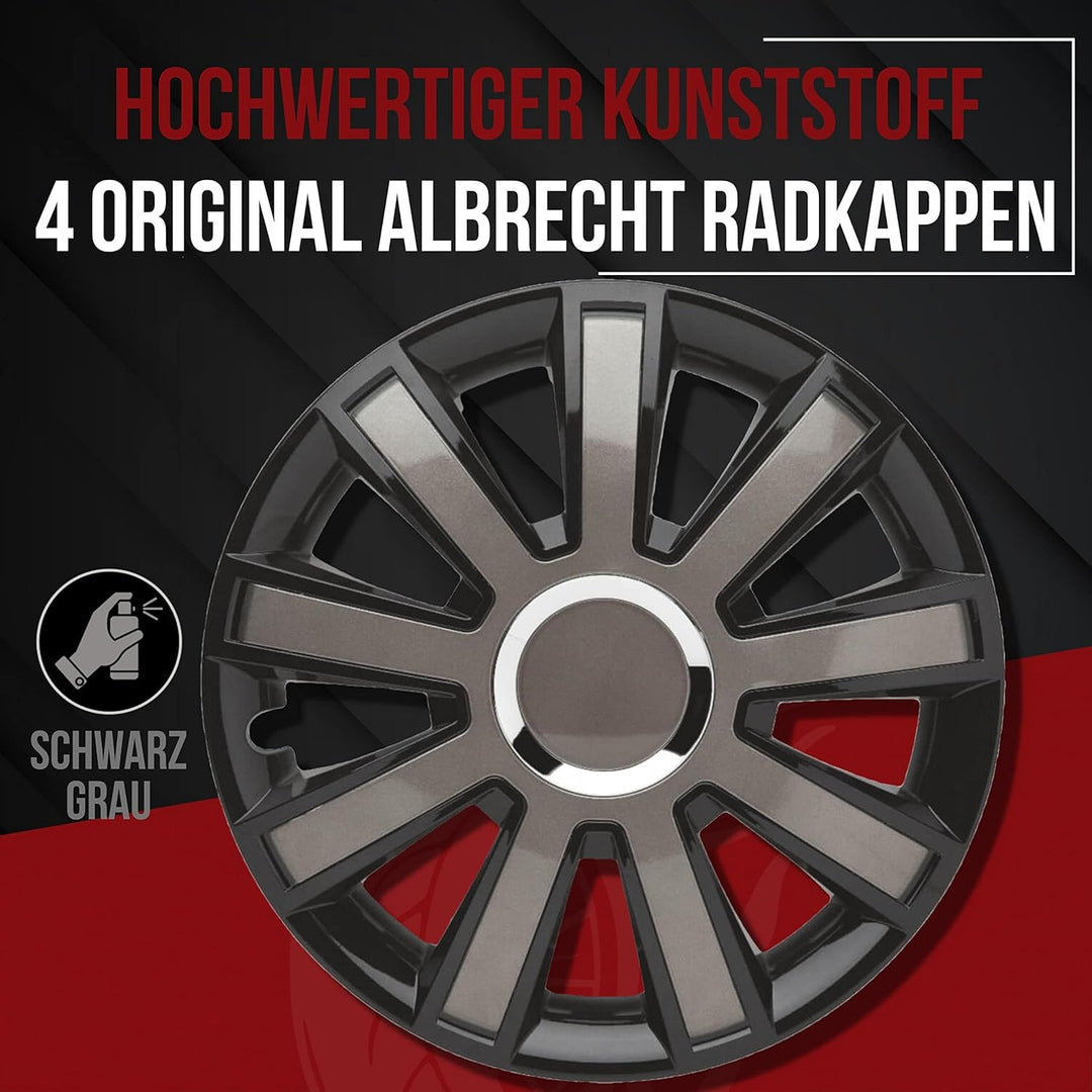 Albrecht 16 Zoll Radkappen schwarz/grau für Stahlfelgen - Flash Radzierblenden aus hochwertigem Kuns