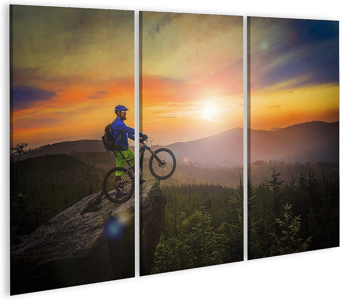 islandburner Bild auf Leinwand Mountainbiker Sonnenuntergang auf Fahrrad MTB Cross Country Downhill