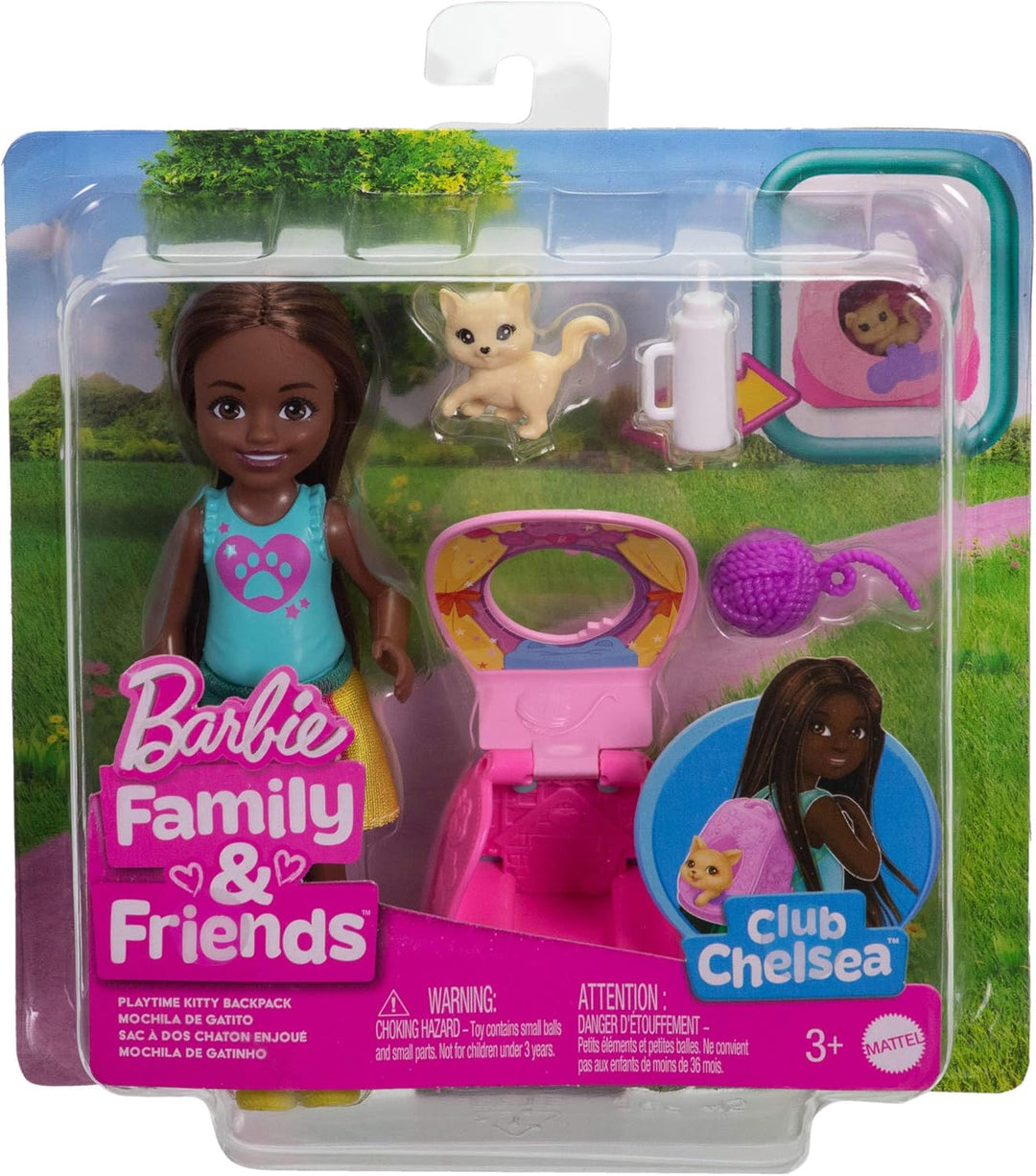 BARBIE Family & Friends Spielspass-Katzenrucksack brünette Chelsea-Puppe und Zubehör, einschliesslic