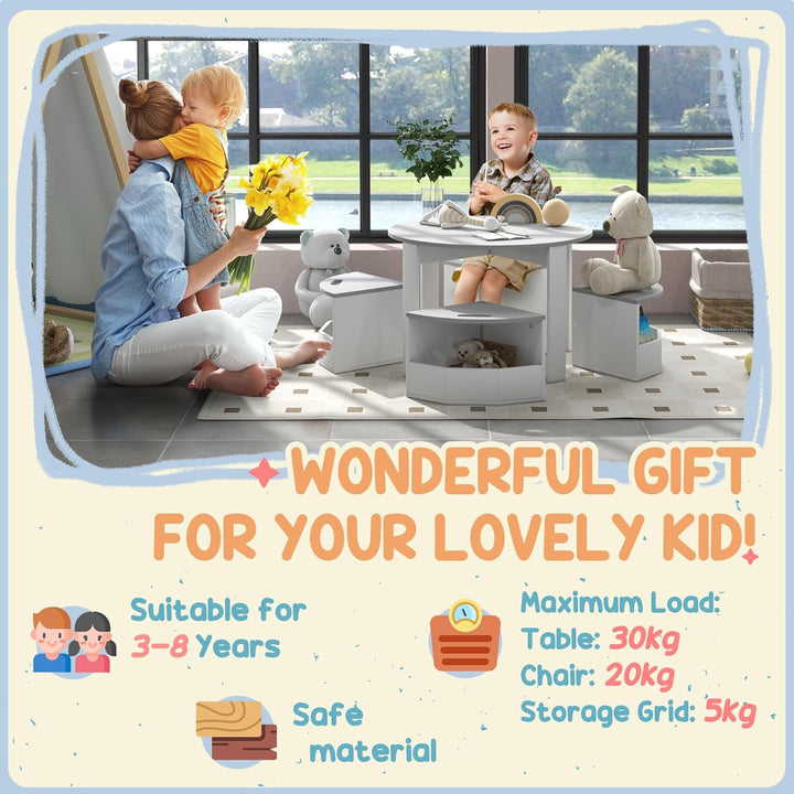 AIYAPLAY 5-TLG. Kindertisch und Hocker Set, Tisch und Stühle Set mit platzsparendem Holzaufbewahrung