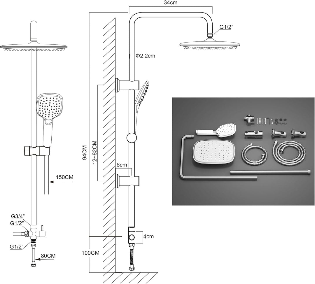 Florenta Regendusche Duschsystem Chrom Duschset mit Edelstahl Duschstange und ABS Kopfbrause, Handbr
