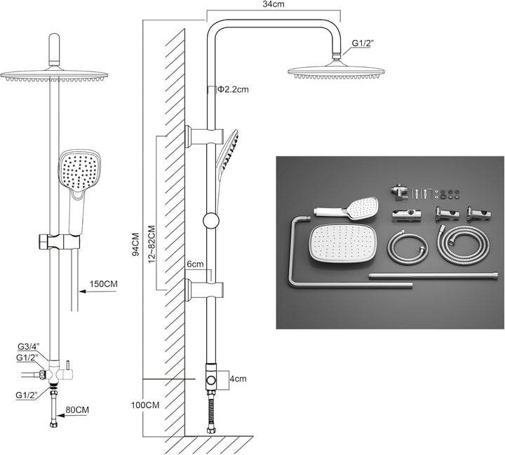 Florenta Regendusche Duschsystem Chrom Duschset mit Edelstahl Duschstange und ABS Kopfbrause, Handbr