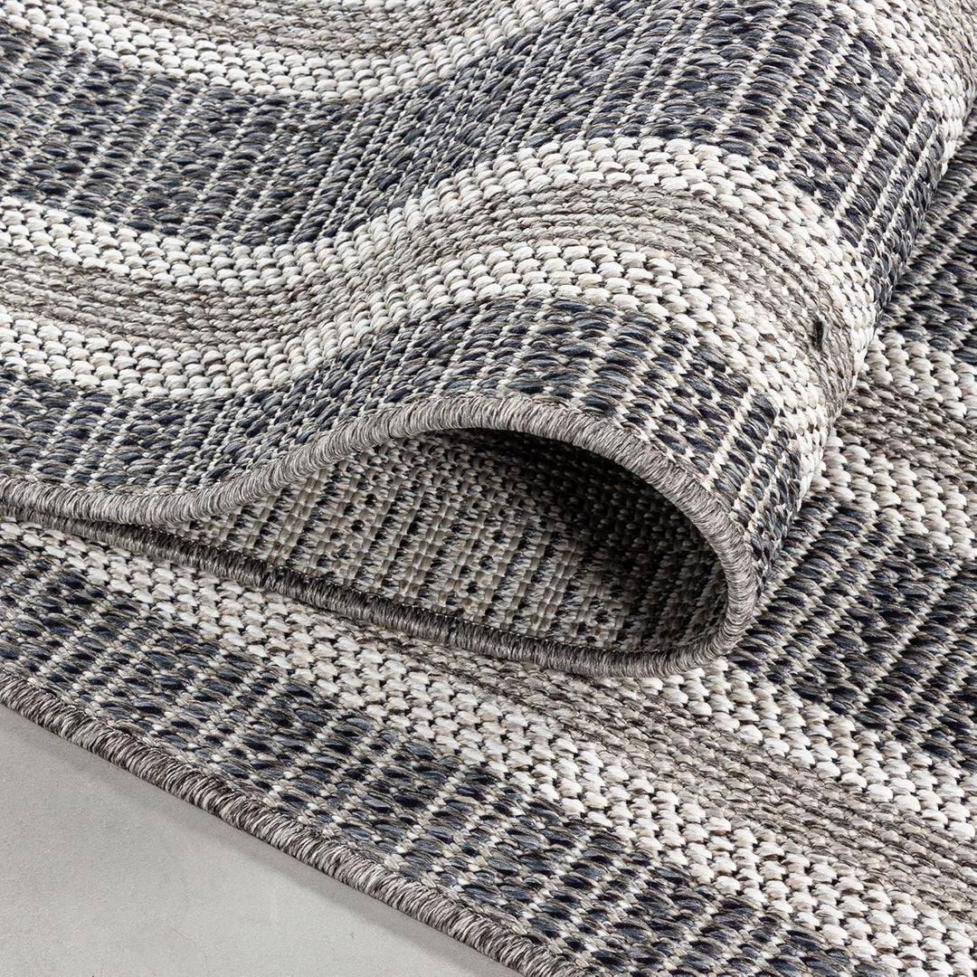 In- & Outdoor Läufer Teppich Robuster, Modern Bordüre Design, Rechteckig, Grau und Creme Farbe, Wett