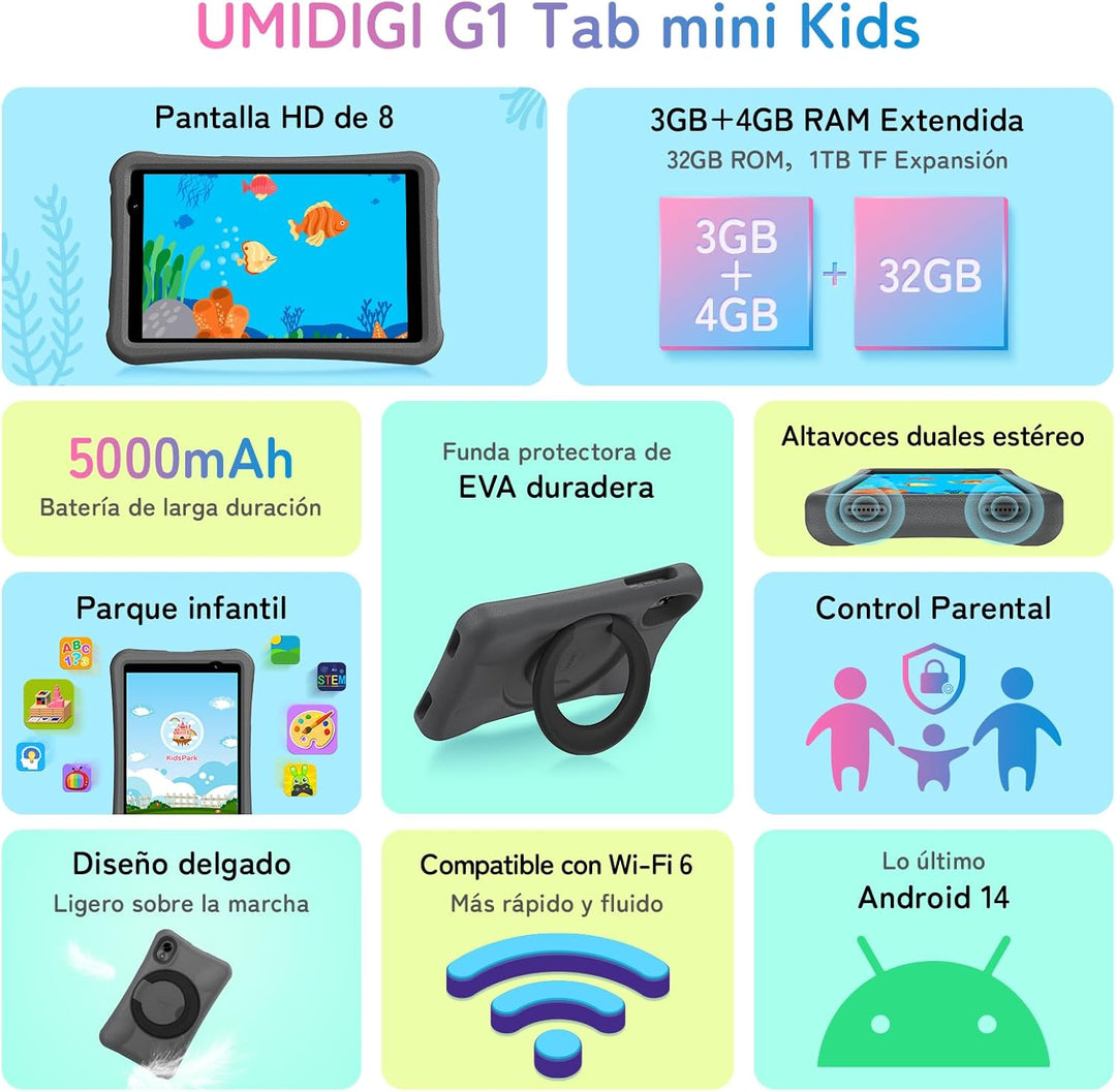 UMIDIGI G1 Tab Mini Kids Tablet, Kinder-Tablet 8 Zoll Android 14, WiFi 6, 7(3+4) GB + 32 GB/TF 1TB,