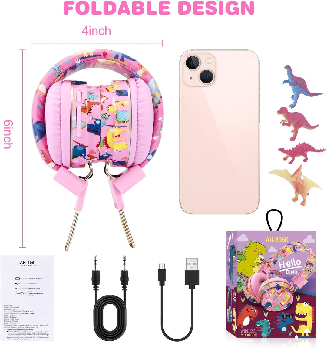 JYPS Bluetooth Kopfhörer Kinder, Dinosaurier Kopfhörer Kabellos Kinder mit Kabel und Mikrofon, Kids