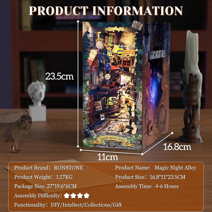 RONSTONE Book Nook- DIY Booknook Kit Miniatur Puppenhäuser mit Staubschutzhülle und LED Licht - Magi