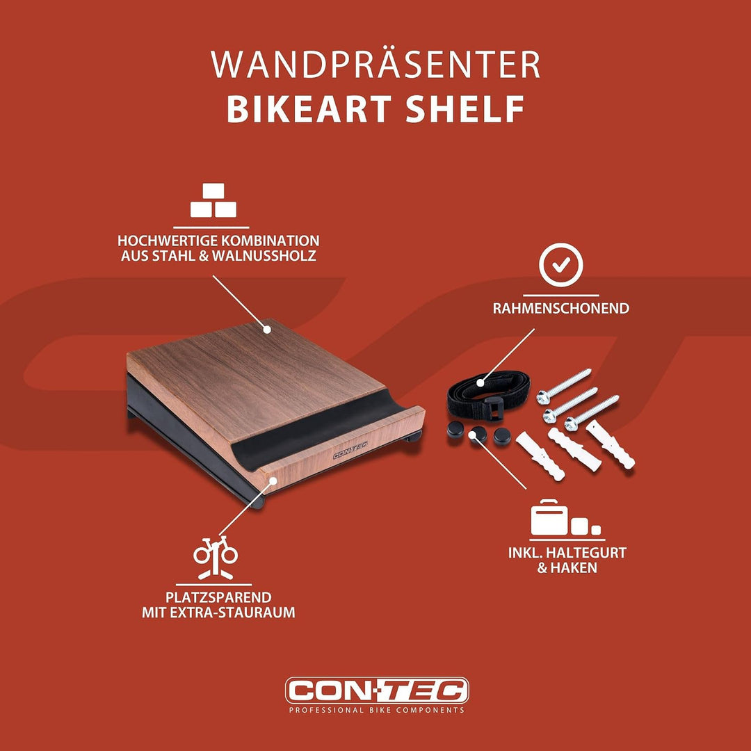 CONTEC Wandpräsenter bikeART shelf, 25kg, aus Stahl und Walnussholz, inkl. Befestigungsmaterial, für