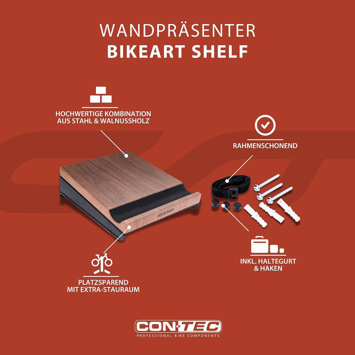 CONTEC Wandpräsenter bikeART shelf, 25kg, aus Stahl und Walnussholz, inkl. Befestigungsmaterial, für