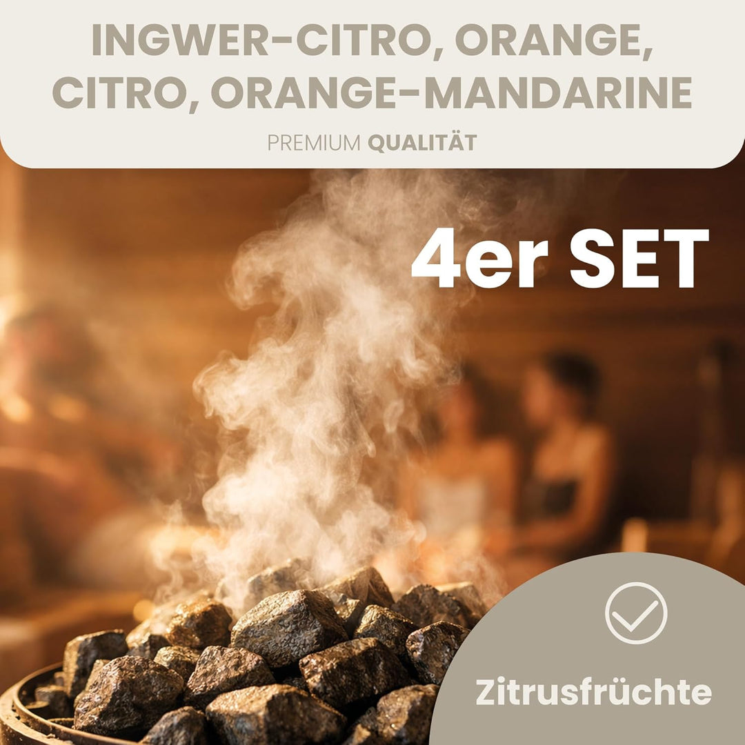 HAF Saunaaufguss Set „Zitrusfrüchte“ - 4 x 250ml Sauna Aufgussmittel Citro, Ingwer-Citro, Orange, Or