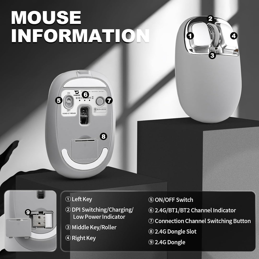 YUNZII C1 Silikon-Funkmaus,Tri-Mode 2,4 GHz/USB-C/Bluetooth Maus, 4800 DPI Optisches Abtastung, 6 Ve