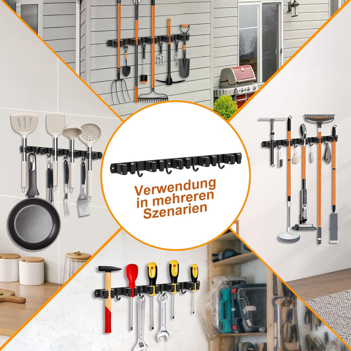 1 Stück Besenhalterung Wand, 5 Halter + 4 Haken Edelstahl gerätehalter, Selbstklebend Gartengeräteha