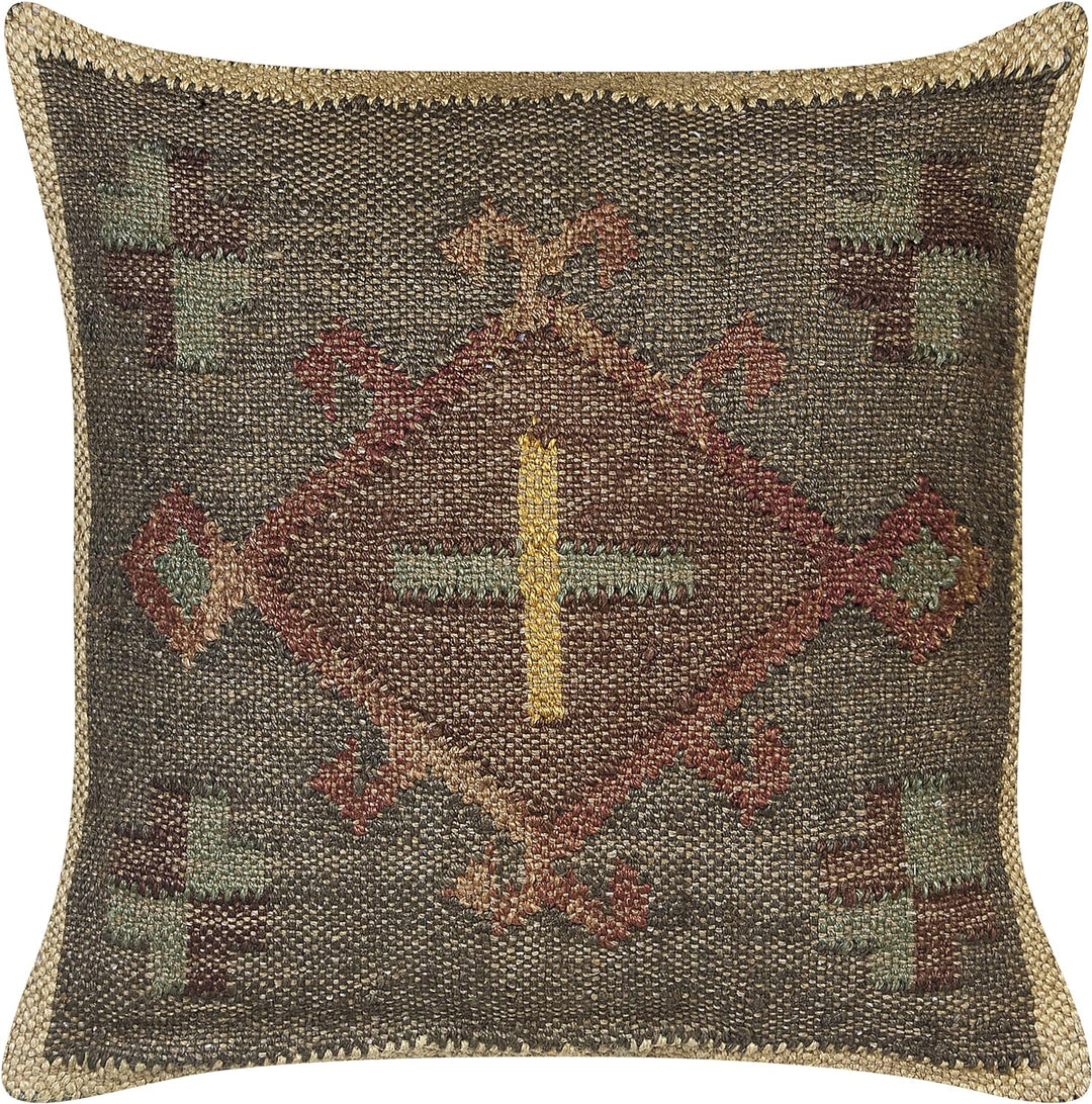 2 Kissen im Kilim-Stil orientalisches Ethnomuster aus Jute und Wolle 45 x 45 cm Grün, Katora