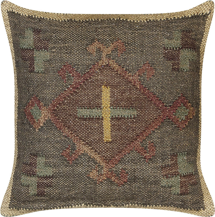 2 Kissen im Kilim-Stil orientalisches Ethnomuster aus Jute und Wolle 45 x 45 cm Grün, Katora