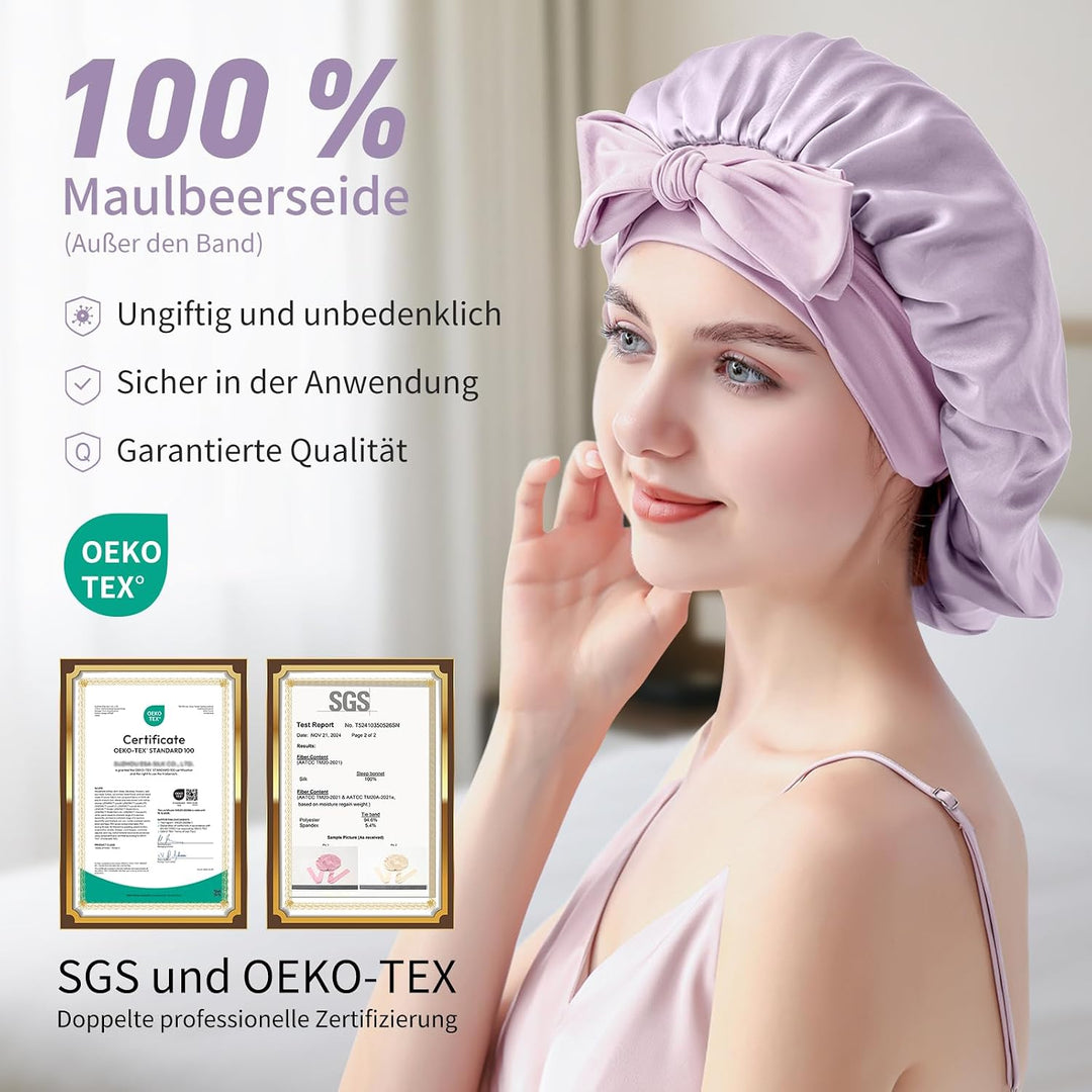 Seidenhaube zum Schlafen, Schlafhaube Seide aus 100% Maulbeerseide, 22 Momme Bonnet Seide Doppellagi