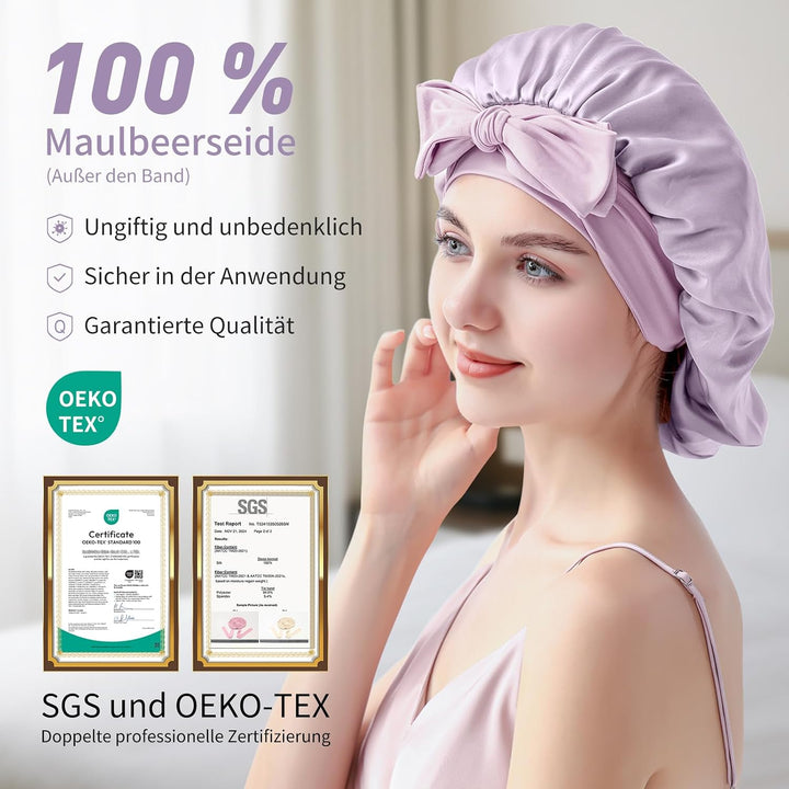 Seidenhaube zum Schlafen, Schlafhaube Seide aus 100% Maulbeerseide, 22 Momme Bonnet Seide Doppellagi