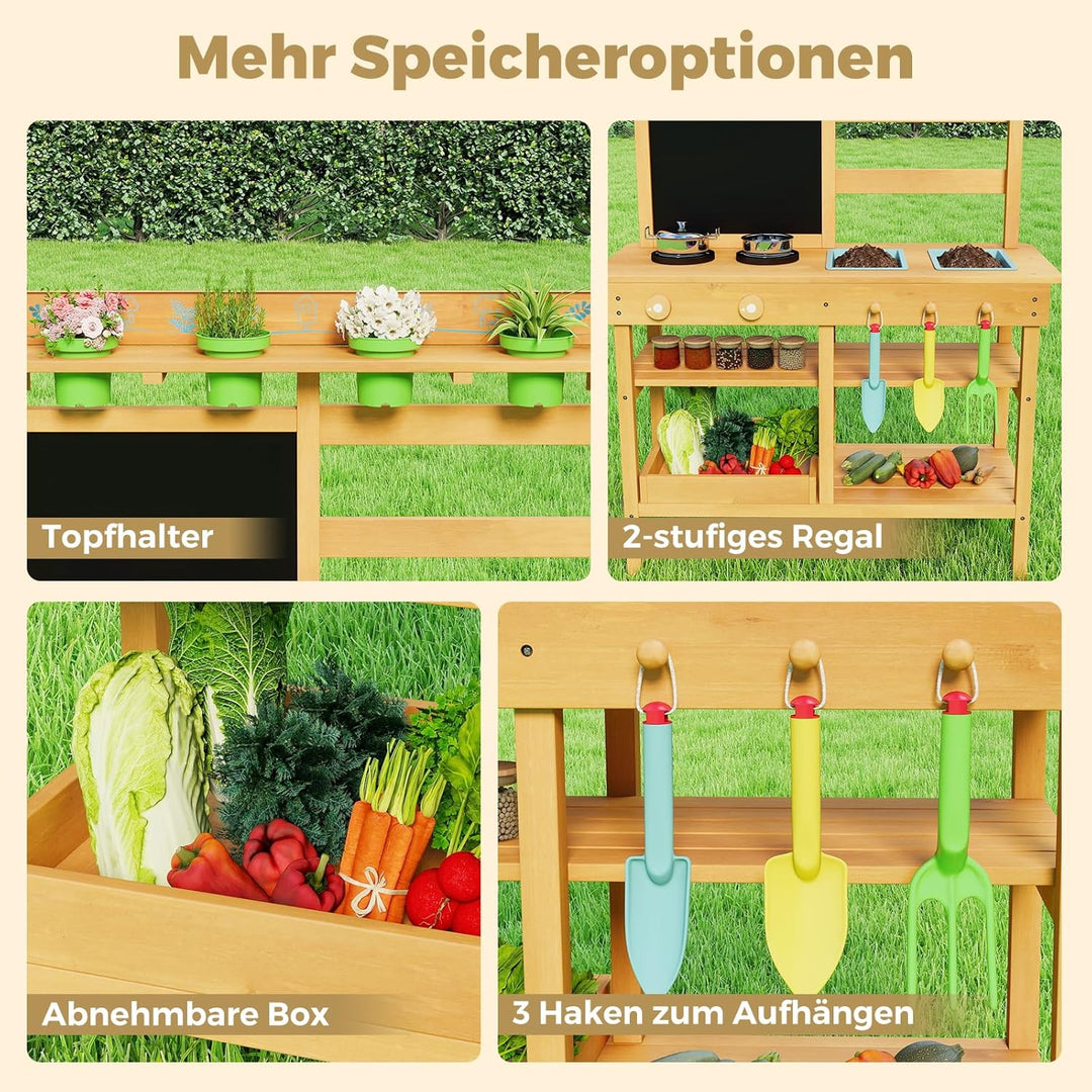 COSTWAY Matschküche Kinder Outdoor, Kinderküche mit Tafel, Wasserhahn, Spülen, Blumentöpfen & Garten