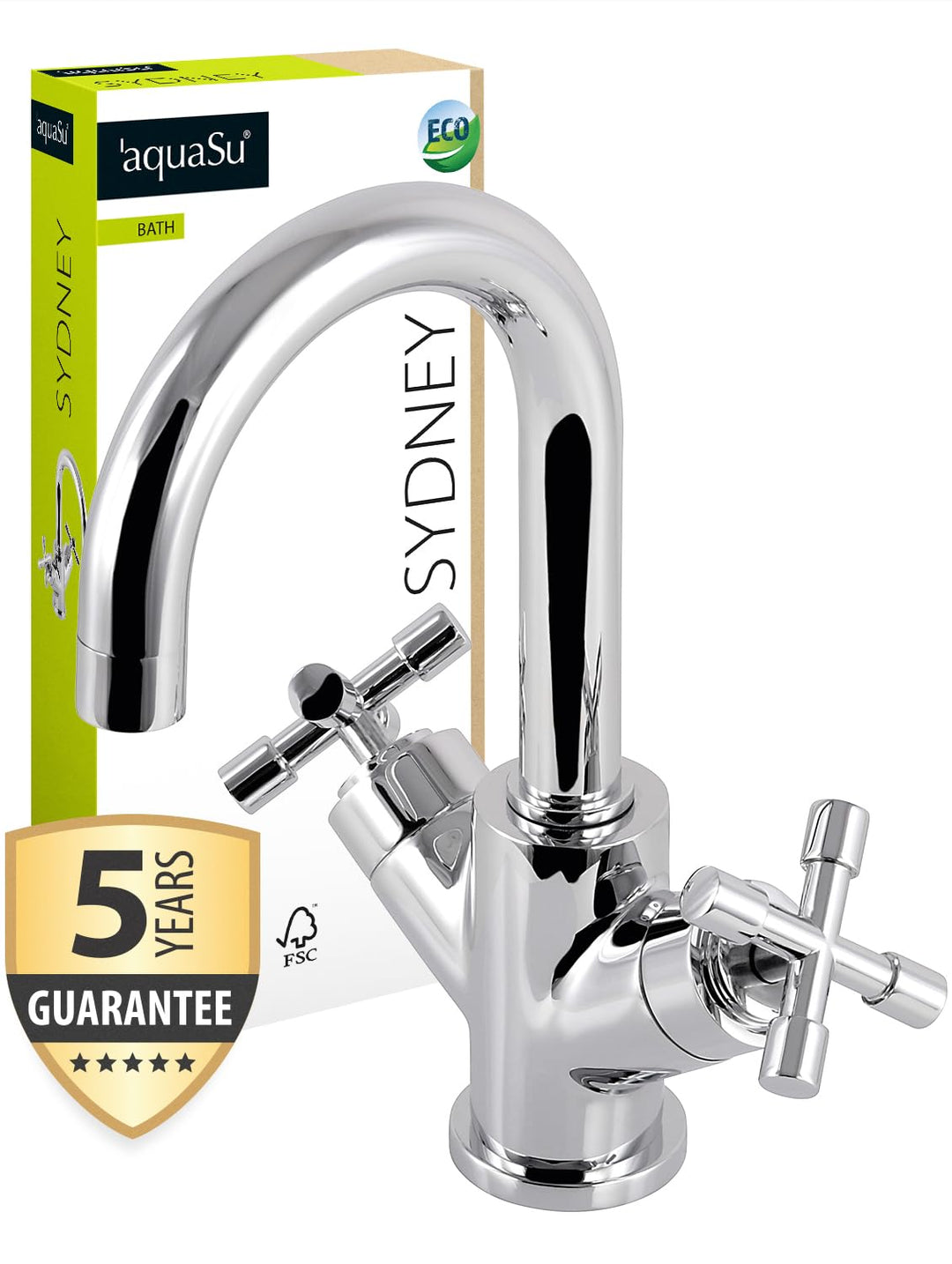 'aquaSu® Waschbeckenarmatur Sydney, Zweigriffmischer mit Wasserspar-Mischdüse, Vintage Waschtischarm