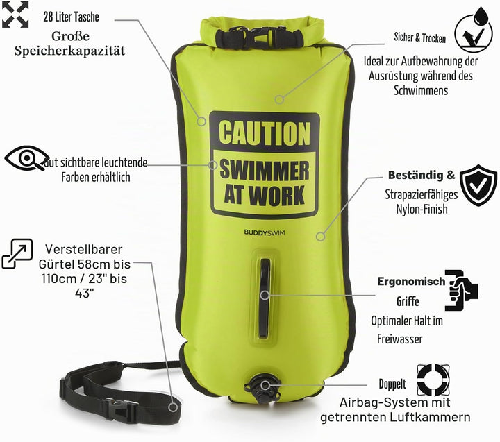 Buddyswim Set aus Freiwasser-Schwimmboje 28 Liter und Badekappe. Sicherheitsboje zum Schwimmen im of