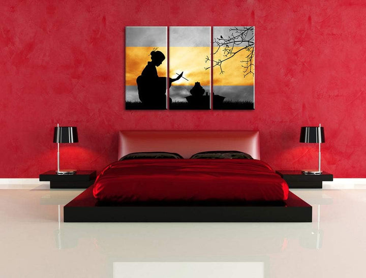 traditionelle Gesha bei Teezeremonie schwarz/weiss 3-Teiler Leinwandbild 120x80 Bild auf Leinwand, X