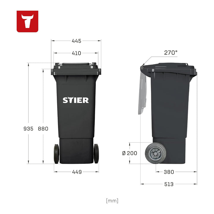 STIER 2-Rad-Müllgrossbehälter, Volumen 80 Liter, Mülleimer, grau, BxTxH 445x520x939 mm, Mülltonne, R