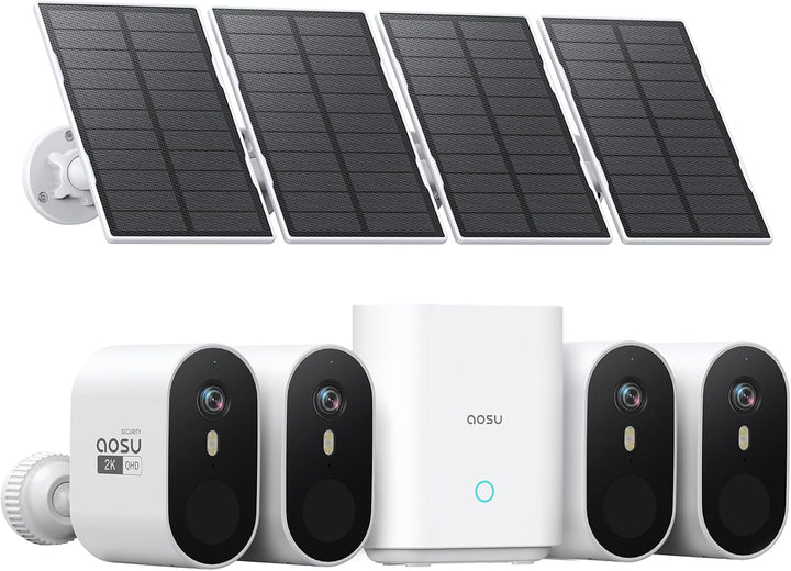 AOSU 2K ¨¹berwachungskamera Aussen Solar, Set 4+1, 32G Lokale ¨¹berfliegen- ohne ABO, Kabellos Outdo