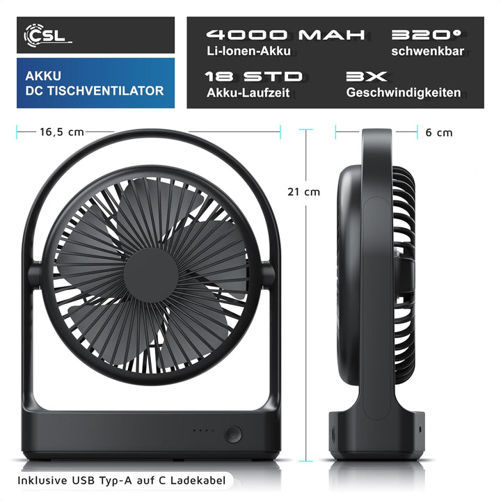 CSL - Akku Tischventilator – Mini Ventilator USB – DC Motor Brushless silent sehr leise – 4000 mAh L